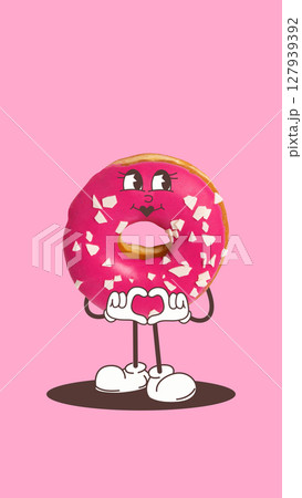 Pink cartoon donut with sprinkles making heart with hands on bright background. Kids school supplies Pink cartoon donut with sprinkles making heart with hands on bright background. Kids school supplies 127939392