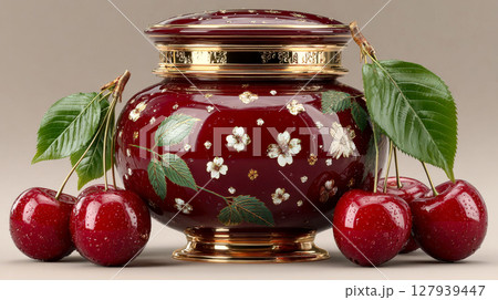 A luxurious cherry-themed ceramic jar adorned with gold floral patterns, surrounded by fresh, glistening cherries and green leaves 127939447