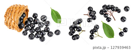 Chokeberry with leaf in a wicker basket isolated on white background. Black aronia. Top view. Flat lay 127939463