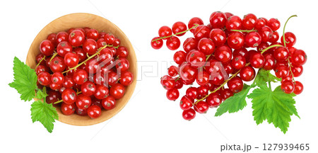 Red currant berries in a wooden bowl isolated on white background. Top view. Flat lay Red currant berries in a wooden bowl isolated on white background. Top view. Flat lay 127939465