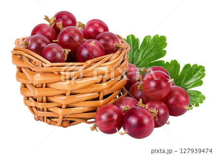 Red gooseberry in a wicker basket isolated on white background with full depth of field. Red gooseberry in a wicker basket isolated on white background with full depth of field. 127939474