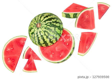 Red seedless watermelon isolated on white background. Top view. Flat lay 127939500