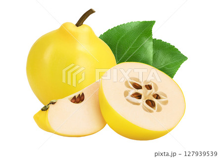 Fresh quince half and slice isolated on the white background with full depth of field 127939539
