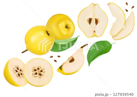 Fresh quince with half and slices isolated on the white background with full depth of field. Top view. Flat lay Fresh quince with half and slices isolated on the white background with full depth of field. Top view. Flat lay 127939540