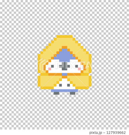 黄色の雨合羽と青色フクロウのドット絵 127939662