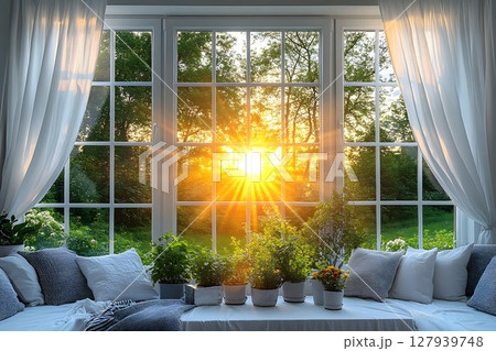 Sunlit window with plants and cushions warm interior design image Sunlit window with plants and cushions warm interior design image 127939748