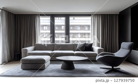 Modern living room interior gray sofa armchair coffee table Modern living room interior gray sofa armchair coffee table 127939750