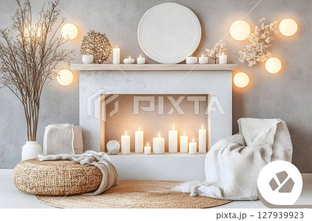 Cozy fireplace living room interior with candles and neutral decor Cozy fireplace living room interior with candles and neutral decor 127939923