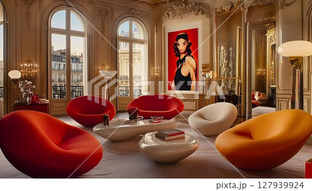 Vibrant red and orange armchairs in elegant living room interior Vibrant red and orange armchairs in elegant living room interior 127939924