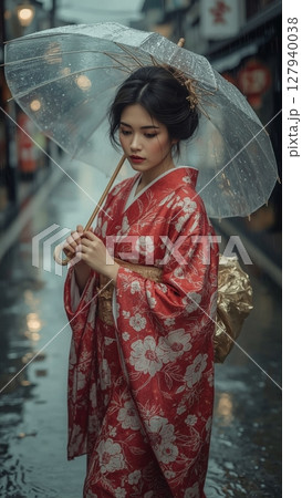 雨の日に和傘を差す着物女性 127940038