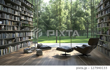 Modern library interior with lush green landscape view Modern library interior with lush green landscape view 127940133