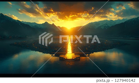 Golden sunset over calm lake and mountains tranquil nature scenery 127940142