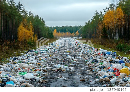 Plastic waste piling up along forest road environmental pollution 127940165