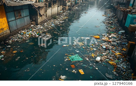 Urban water pollution aerial view of debris filled canal Urban water pollution aerial view of debris filled canal 127940166