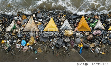 Ocean wave and plastic pollution on sandy beach 127940167