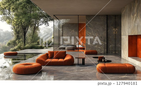 Modern orange sofa and armchair in minimalist living room interior Modern orange sofa and armchair in minimalist living room interior 127940181