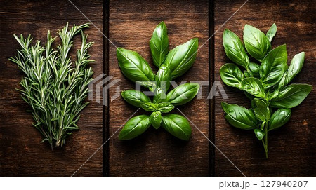 Fresh green herbs rosemary basil culinary food photography 127940207