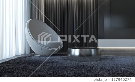 Modern room interior design with egg chair and metallic coffee table 127940274