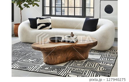 Modern living room interior with unique wooden coffee table and geometric rug 127940275