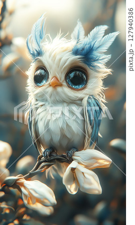 Surreal owl cartoon illustration with big eyes and blue and white feathers. Fantasy concept Surreal owl cartoon illustration with big eyes and blue and white feathers. Fantasy concept 127940386