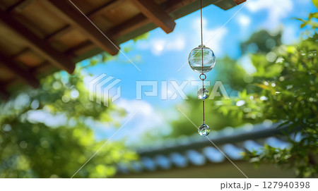 晴れた夏空の下で揺れるガラス風鈴と木造の軒先 127940398
