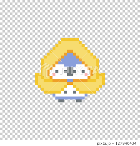 Pixel art of a yellow raincoat and a frolicking blue owl 127940434