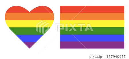 LGBT heart and rectangle flag icons set. Gay pride two logo symbols. Set of two stickers in rainbow colors. 127940435