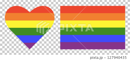 LGBT heart and rectangle flag icons set. Gay pride two logo symbols. Set of two stickers in rainbow colors. 127940435