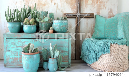 Desert vignette showcasing traditional ceramics paired with cacti and succulents in sun bleached turquoise tones, creating a serene desertcore display atmosphere Desert vignette showcasing traditional ceramics paired with cacti and succulents in sun bleached turquoise tones, creating a serene desertcore display atmosphere 127940444