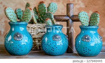 Desert vignette showcasing traditional ceramics with cacti succulents in sun bleached tones against rustic background 127940445