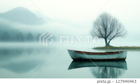 Minimalist image of boat on the lake in a mystical and cloudy environment 127940463