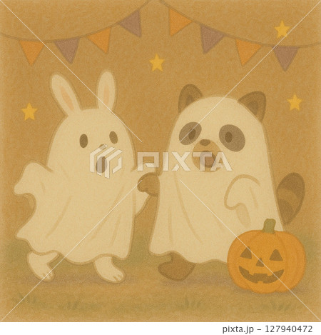 ゴーストの仮装をするうさぎとたぬきのイラスト 127940472