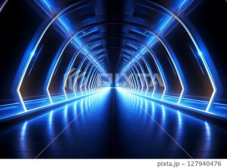 Tunnel with blue glowing lights. Technology concept 127940476