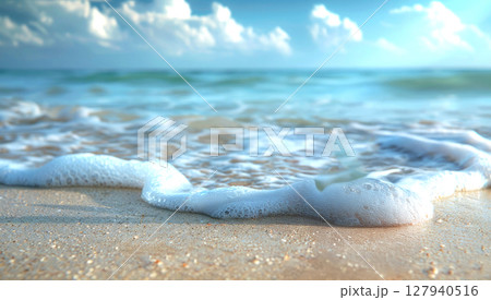 Sea waves with foam roll onto the sandy shore creating an atmosphere of relaxation and tranquility. Tourist background for summer and exotic destinations 127940516