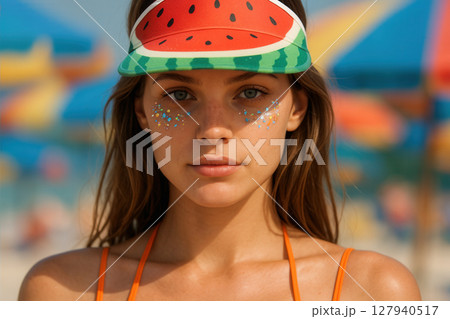 Youthful Beachgoer Wearing Watermelon Visor and Sparkling Face Gems under Colorful Umbrellas 127940517