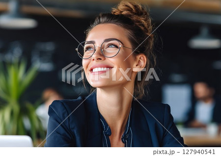 Happy woman smiles outdoors in business suit. Bright expression suits career or success themes. Ideal for professional or lifestyle photos. Happy woman smiles outdoors in business suit. Bright expression suits career or success themes. Ideal for professional or lifestyle photos. 127940541