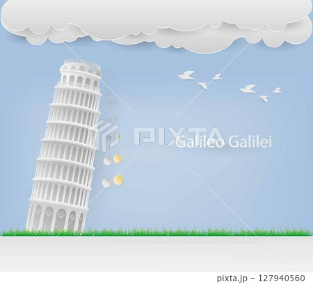 illustration of physics, illustration of physics, THE LAW OF FALLING BODIES, Galileo's law of inertia, Newton First Law of Motion, free falling objects, Pisa tower 127940560
