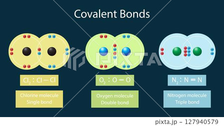 illustration of chemistry, covalent bond is a chemical bond that involves the sharing of electron pairs between atoms to form a stable molecule, Chlorine molecule, Oxygen molecule, Nitrogen molecule illustration of chemistry, covalent bond is a chemical bond that involves the sharing of electron pairs between atoms to form a stable molecule, Chlorine molecule, Oxygen molecule, Nitrogen molecule 127940579