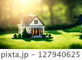 芝生の上に置いた家のミニチュア 127940625