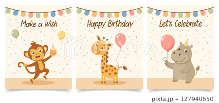 Set of birthday invitation cards with cute wild animals. Birthday greeting cards. Illustration for postcard, invitation, poster, print. Set of birthday invitation cards with cute wild animals. Birthday greeting cards. Illustration for postcard, invitation, poster, print. 127940650