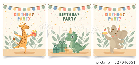 Set of birthday invitation cards with cute wild animals. Birthday greeting cards. Illustration for postcard, invitation, poster, print. 127940651