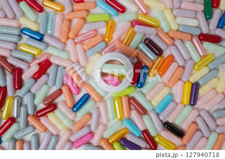 Top view of many pill capsules background. 127940718
