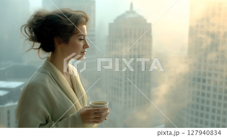 Photo of a woman (30s) in comfortable loungewear, sipping coffee on a modern balcony overlooking a city waking up at dawn. 127940834