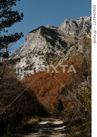 Narrow trail winding through vibrant autumn forest beneath steep cliffs in Prokletije National Park, Montenegro, a peaceful hiking scene Narrow trail winding through vibrant autumn forest beneath steep cliffs in Prokletije National Park, Montenegro, a peaceful hiking scene 127940908