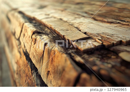 Close Up of Weathered Wood Grain Shows Texture and Decay with Natural Light. Rustic Design Elements. 127940965