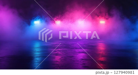 Neon Lights Illuminate a Foggy Night with Vibrant Colors, Creating a Dreamlike Atmosphere. Colorful Cyberpunk Style. 127940981
