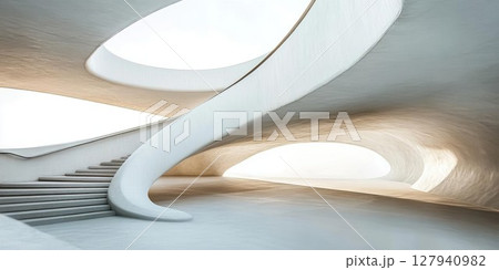 Modern Architecture Showcases a Staircase with Unique Curves and Openings, Abstract Design Concept. Modern Architecture Showcases a Staircase with Unique Curves and Openings, Abstract Design Concept. 127940982