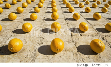Oranges Sit on Stone Tiles, Summer Fruit Display, Citrus Collection Background. 127941029