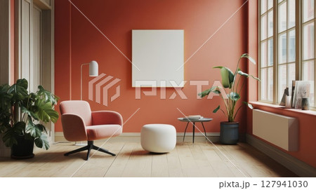 Cozy Living Room Shows Interior Design with Plants and Furniture, Minimalist Home Decor Ideas. 127941030