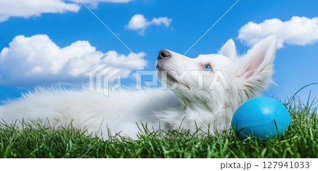 White Puppy Lies in Green Grass Looks Up at Blue Sky with Clouds, Playful Summer Daytime Theme. 127941033